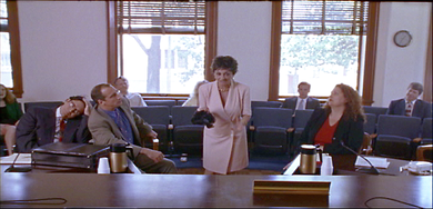 James Kiberd, Michael Crider, Marie De Cicco, Aida Turturro in a courtroom